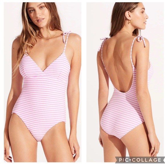 Seafolly Sorrento Stripe Wrap Front One-Piece Parfait Pink, 4